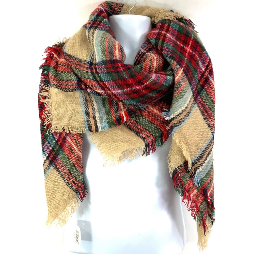 QUAGGA Oversized Wrap Scarf 56 x 56 Plaid Red Tan Navy Green Cozy NWT N19
